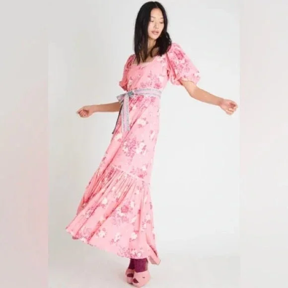 LoveShackFancy Salma Puff-Sleeve Cotton Maxi Dress, Pink, Size 0 - Picture 2 of 12